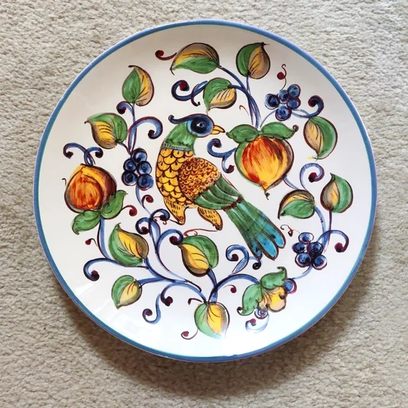 Sur La Table Hand-Painted Bird & Fruit Ceramic Plate — Blue, Green, Yellow