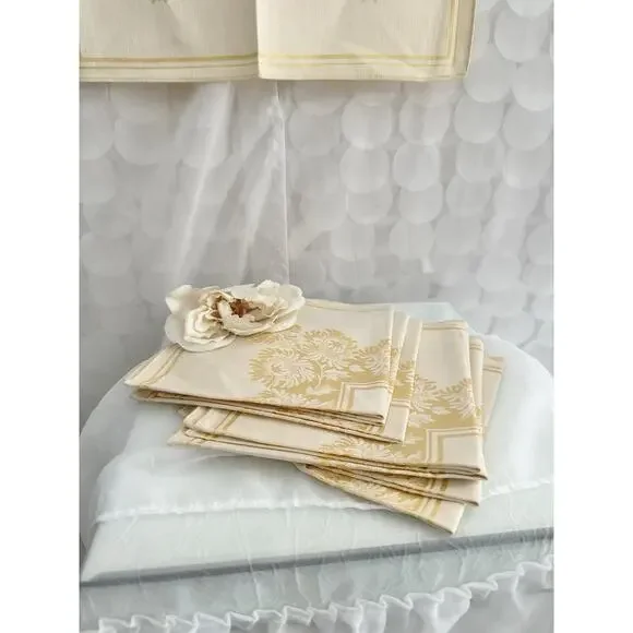 Vintage MCM Double Damask Yellow Napkins Chrysanthemums Floral Set Of 8