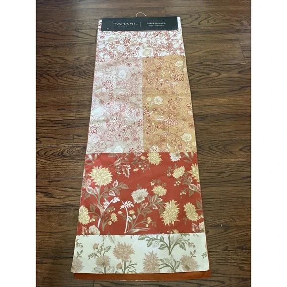 Tahari Home Patchwork Fall Table Runner Orange Yellow Tan Floral 16