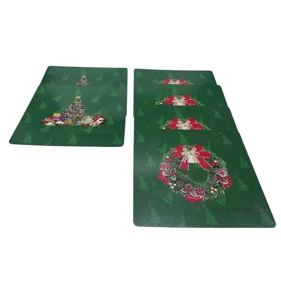 Set of 6 Christmas Tree & Wreath‎ Cork Placemats Holiday Red & Green Dinner Mats