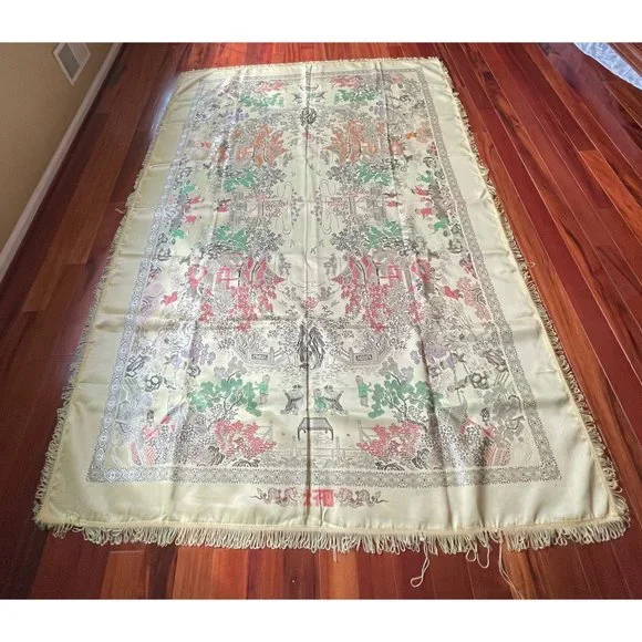 Vintage Cantonese Brocade Silk Tablecloth Asian Scenes People Trees