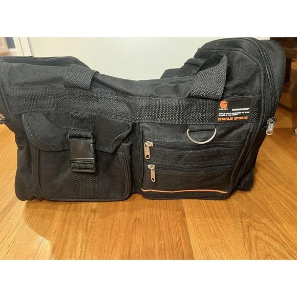 Charlie Sports Black Duffel Bag Gym Travel Bag Multiple Pockets 18x9 Inches