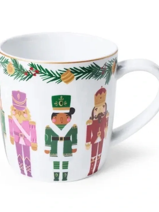 Holiday Nutcracker Ceramic Mug White Festive Green Pink Accents new Sur La Table