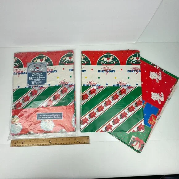 Vtg At‎ Home Christmas Gift Wrapping Paper Sheets 1 Sealed Pkg Plus Some Extra