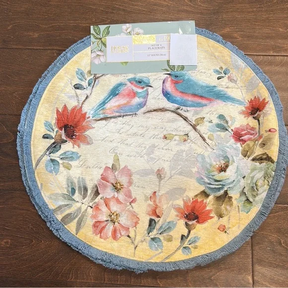 Spring Summer Floral Blue Bird Placemats Set Of 4 Colorful Round