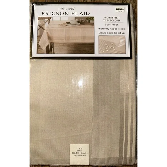 Origins Tablecloth 70in Beige Ericson Plaid Round Spill-Proof Microfiber