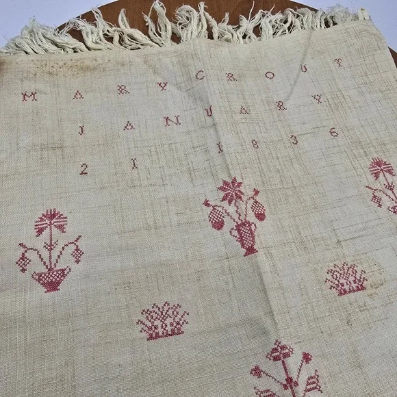 Antique‎ 1836 Mary Crout Hand-Stitched Show Towel Linen Red Embroidery Macrame