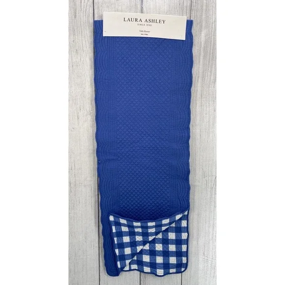 Laura Ashley Table Runner Blue White Gingham Check Plaid Quilted Spring Easter