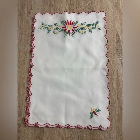 Vintage Lot Of 6 Embroidered Floral Handkerchief Napkin Red Scalloped Trim White