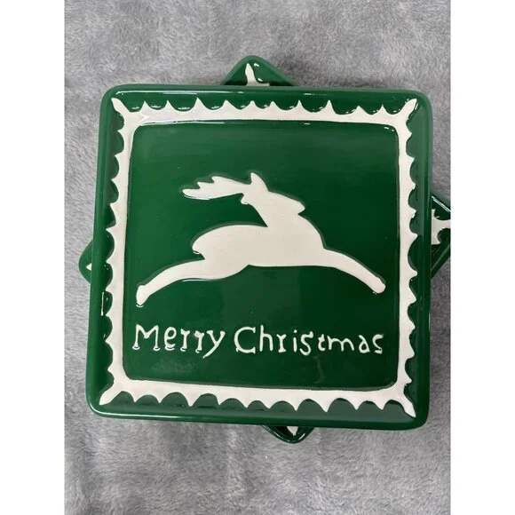 Ceramic Green Square Dessert Plate Reindeer Merry Christmas Holiday Rudolph - 6
