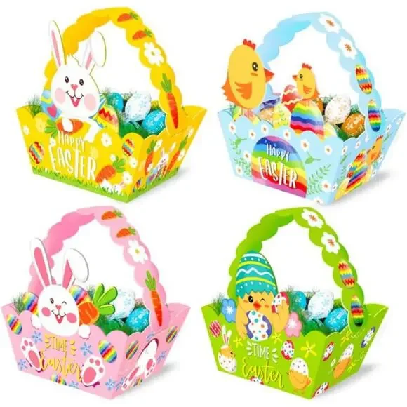 12pcs Easter Treat Boxes Paper Baskets w/ Handle Kids Egg Hunt Party Favors