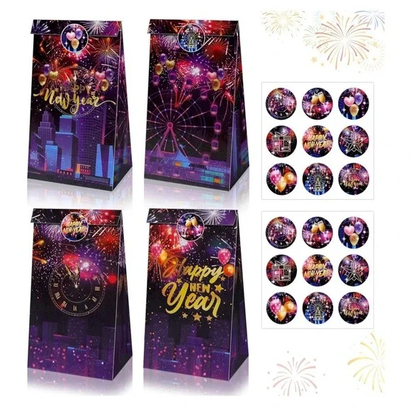 Happy New Year Bags, 12 Pack Colorful Happy New Years Gift Bags for Greeting,...