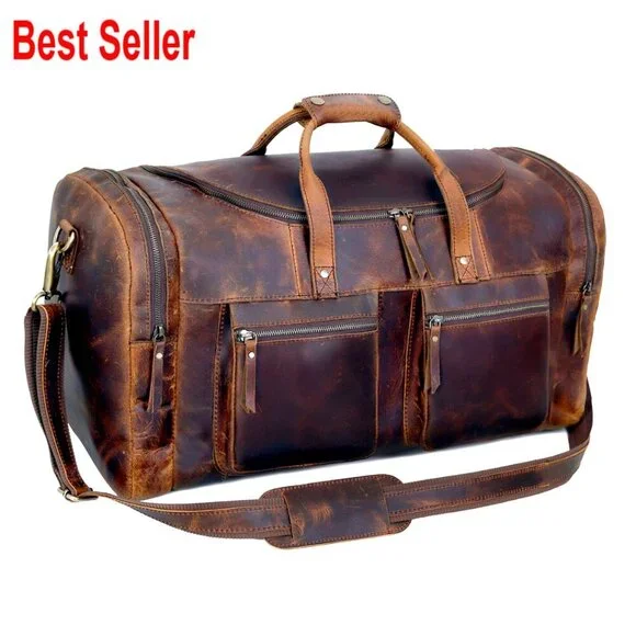 Full Grain Leather Duffel Bag with YKK Zippers, 32 Inch Travel Bag