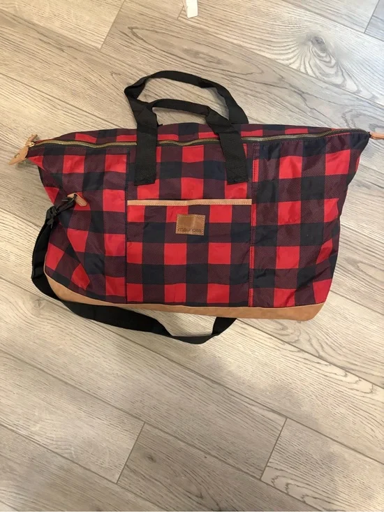 Maurices Red and Black Buffalo Plaid Faux Leather Travel Duffel Bag