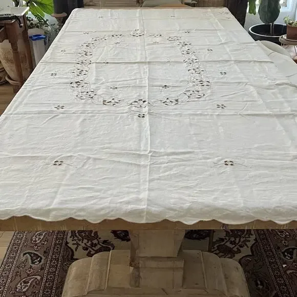 Vintage Beige Linen Tablecloth Intricate Madeira-style Cutwork & Embroidery