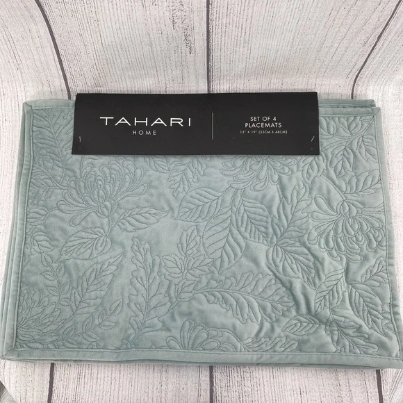 Tahari Home Placemats (Set of 4) Blue Velvet Embroidered Leaves Elegant Everyday