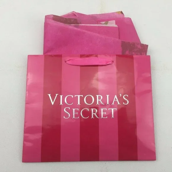 Victorias Secret Shopping Bag Ribbon Strings Pink Striped Reusable Gift Bag Set