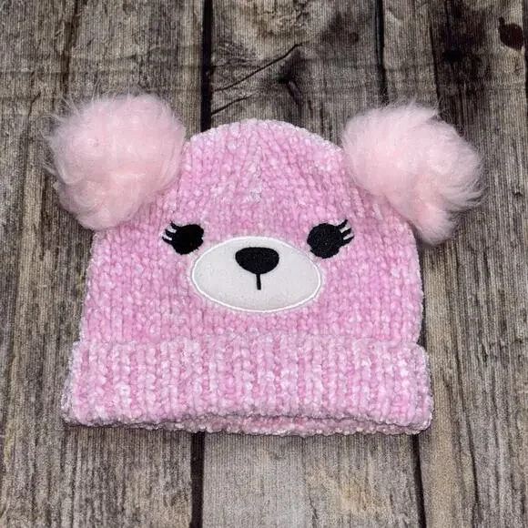 Claire's Club Pink Bear Face Pom Pom Beanie Hat Girls