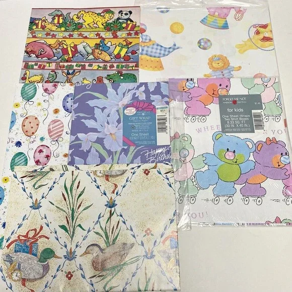 Vintage Lot of 6‎ Wrapping Paper Sheets Birthday Christmas Flowers