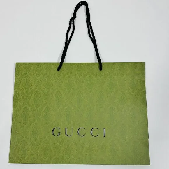 GUCCI 19x14x7 Authentic Paper Shopping Gift Bag Tote Green Damask Print Embossed