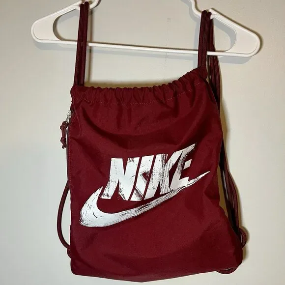 Nike Burgundy Drawstring Backpack Gym Bag Side Zipper White Logo