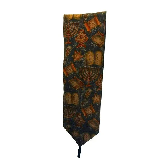 Hanukkah Tapestry Table Runner With Tassel, Jewish Blue Gold Holiday Dining Mat