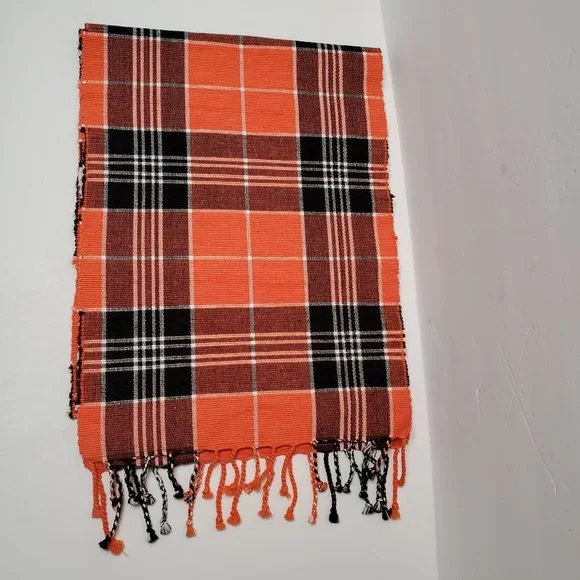 Trends Collection Orange Plaid Table Runner Cotton 69x13 Fall Halloween LIKE NEW