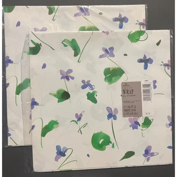 Lot of 2 Vintage Hallmark All Occasions Sealed Gift Wrap Violet Flowers & Leaves