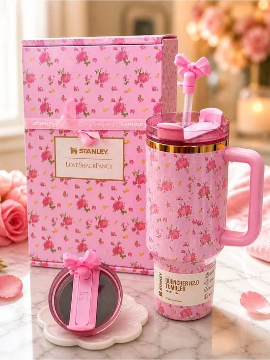 Stanley LoveShackFancy Quencher 40oz Pink Floral Tumbler with Straw & Lid