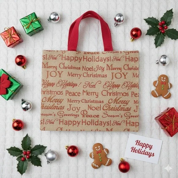 Christmas Holiday Burlap Tote Bag Happy Holidays Noel Joy‎