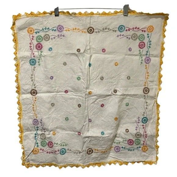 Vintage Embroidered Crochet Trim Colorful Floral Design Large Doily