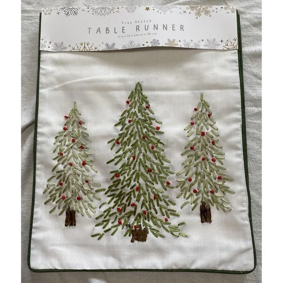 Holiday Tree Sketch Table Runner 14x72‎ Embroidered Christmas Red Green White