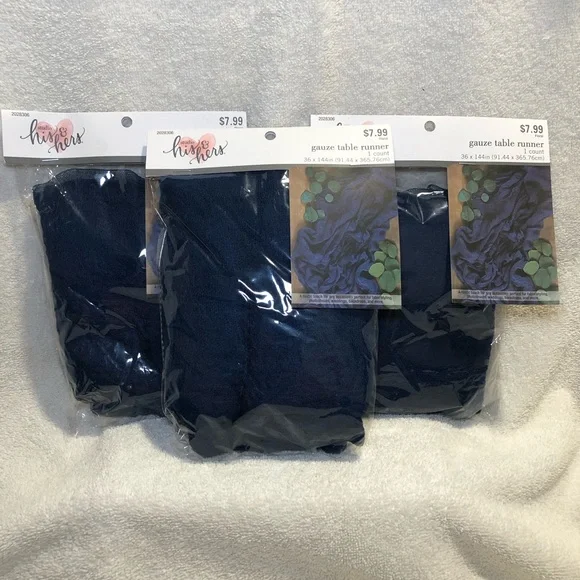 GAUZE TABLE RUNNERS, Navy Blue, 3 New In Package, 8 used once in ziploc
