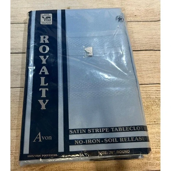 NOS Avon Royalty Satin Stripe Blue Tablecloth No Iron Soil Release 70