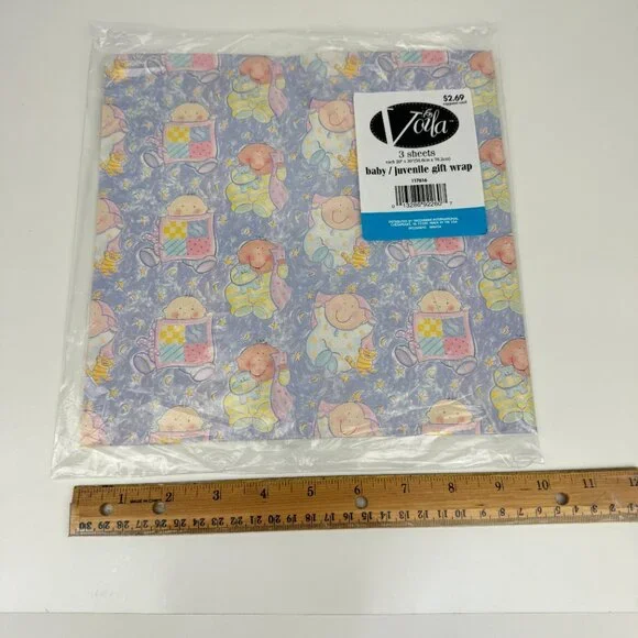 Vtg Baby Gift Wrap Paper Sheets Newborn Baby Shower Blue‎ Purple Voila Made USA