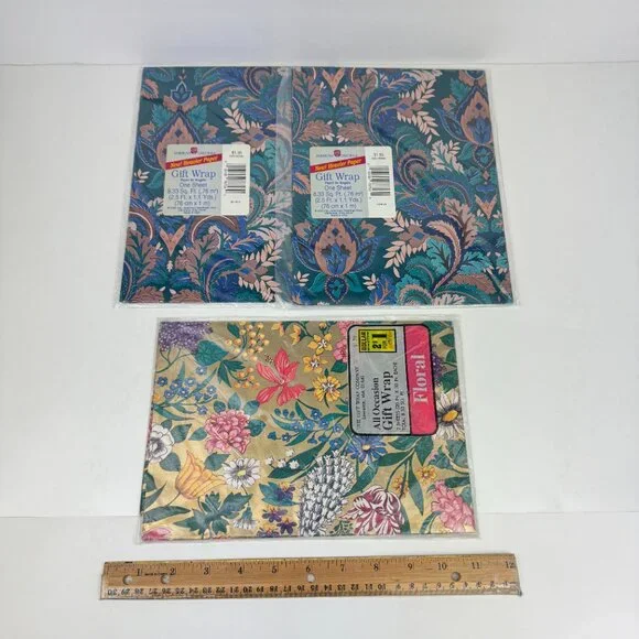 Vtg Pack of 3 Floral Flower Paisley Turquoise Blue Gold Gift Wrap Sheets‎ Color