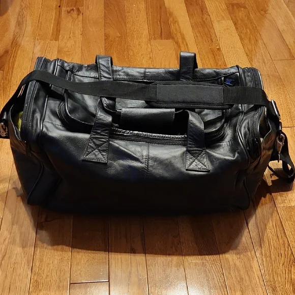 Duffel Bag By Miami Leather Co. Black Genuine Leather with Shoulder Strap