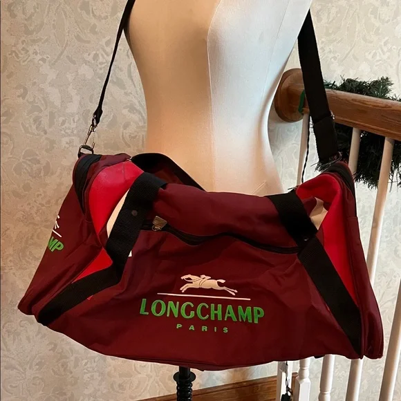 Longchamp Burgundy and Black Duffel Bag
