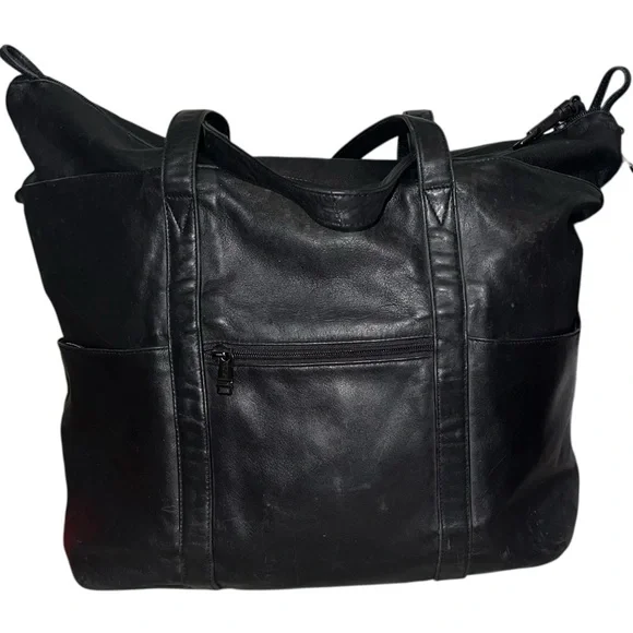 TUMI Black Leather Expandable Weekender Tote Duffel Bag
