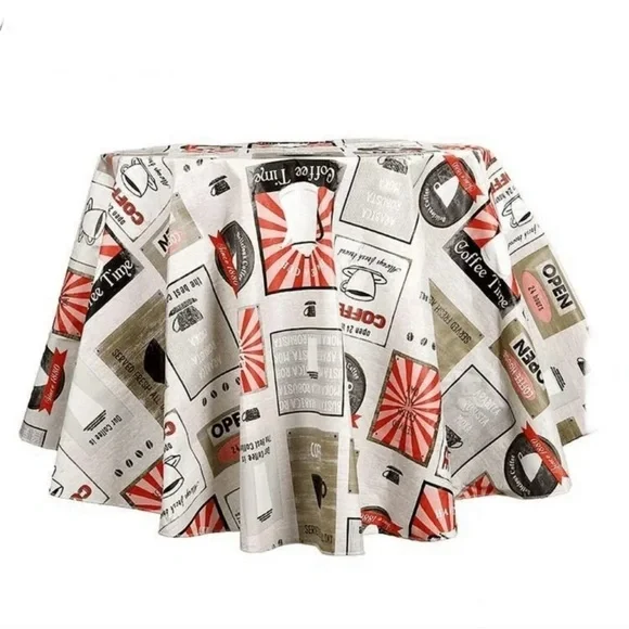 RAY STAR Coffee Patchwork 60” Round Vinyl Flannelback Tablecloth, Red White