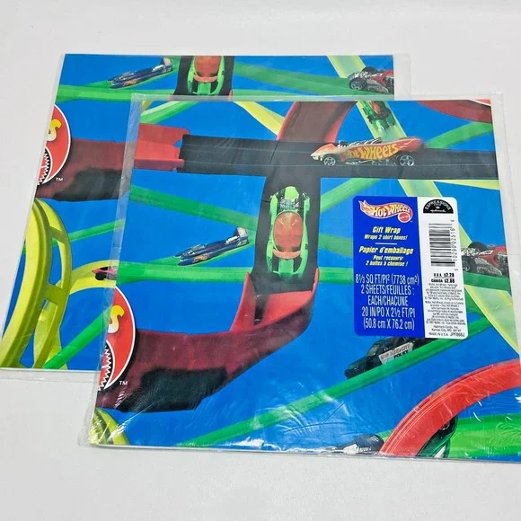 Lot of 2 Hot Wheels Car Gift Wrap Paper NOS‎ Mattel Hallmark Ambassador 1997 USA