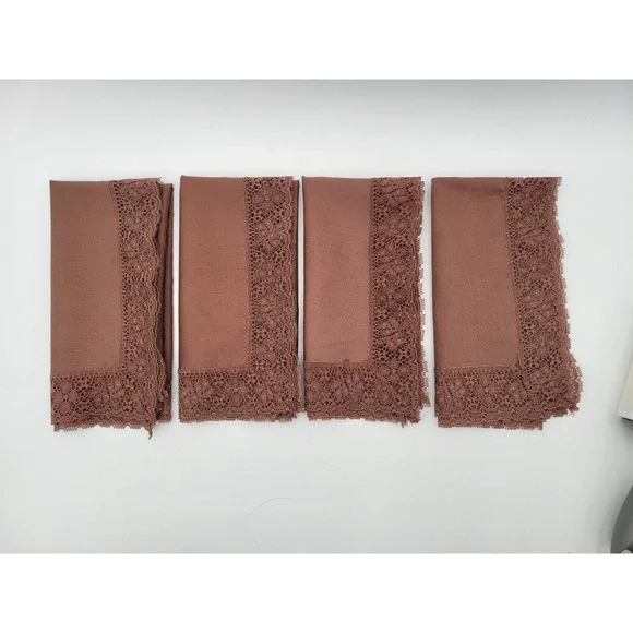 Vintage Brown Lace Trim Edge Napkins‎ Set Of 4 Handmade