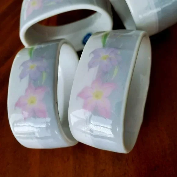 Porcelain Napkin Rings, set of 4, Made in Japan, Pastel Floral Remembrance, 1985