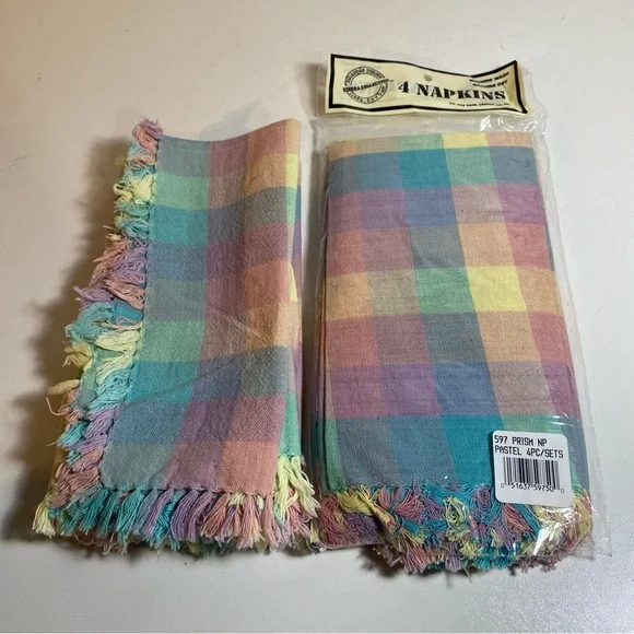 Set of 7 Pastel Color Block Woven Cotton Fringed Napkins 17” Square