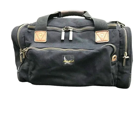EDDIE BAUER Duffle Bag Black Lightweight Canvas Luggage Leather Trim 13 X 20