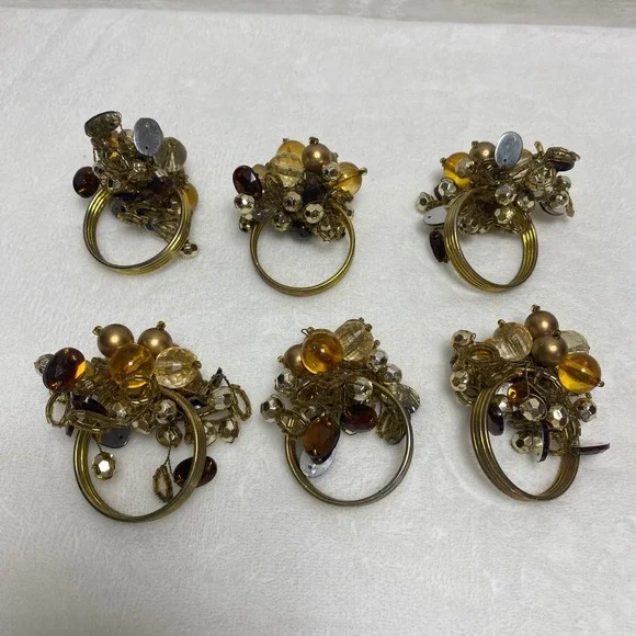 Vintage Goldtone Cluster‎ Beaded Napkin Rings Holiday Christmas Thanksgiving