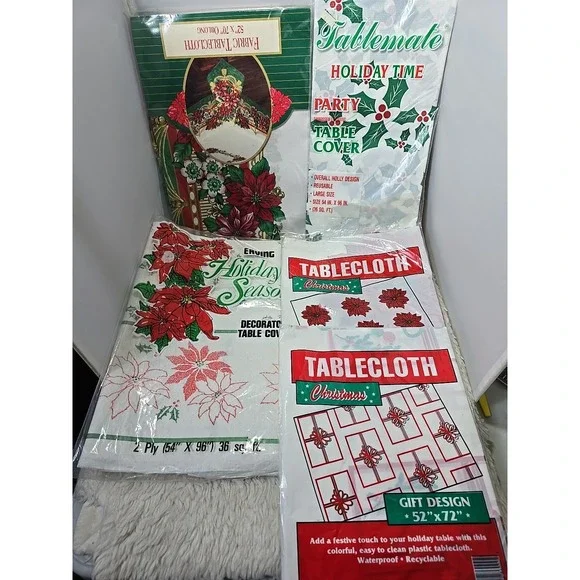 Vintage Christmas Tablecloth Lot of 5 Poinsettias Holly Paper, Plastic & Fabric