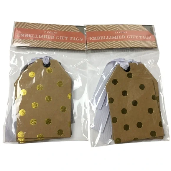 GIFT TAGS Gold Dot Metallic Kraft Chip Board Ribbon Strings 6 Total Die Cut