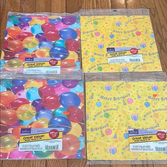 Hallmark Vintage Gift Wrap Sets Wrapping Birthday Balloons Yellow Party Lot of 4