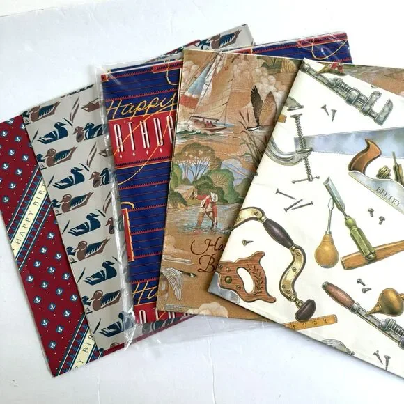 Vtg Masculine Gift Wrap Fishing Tools Ducks Happy Birthday Wrapping Paper 6 pcs